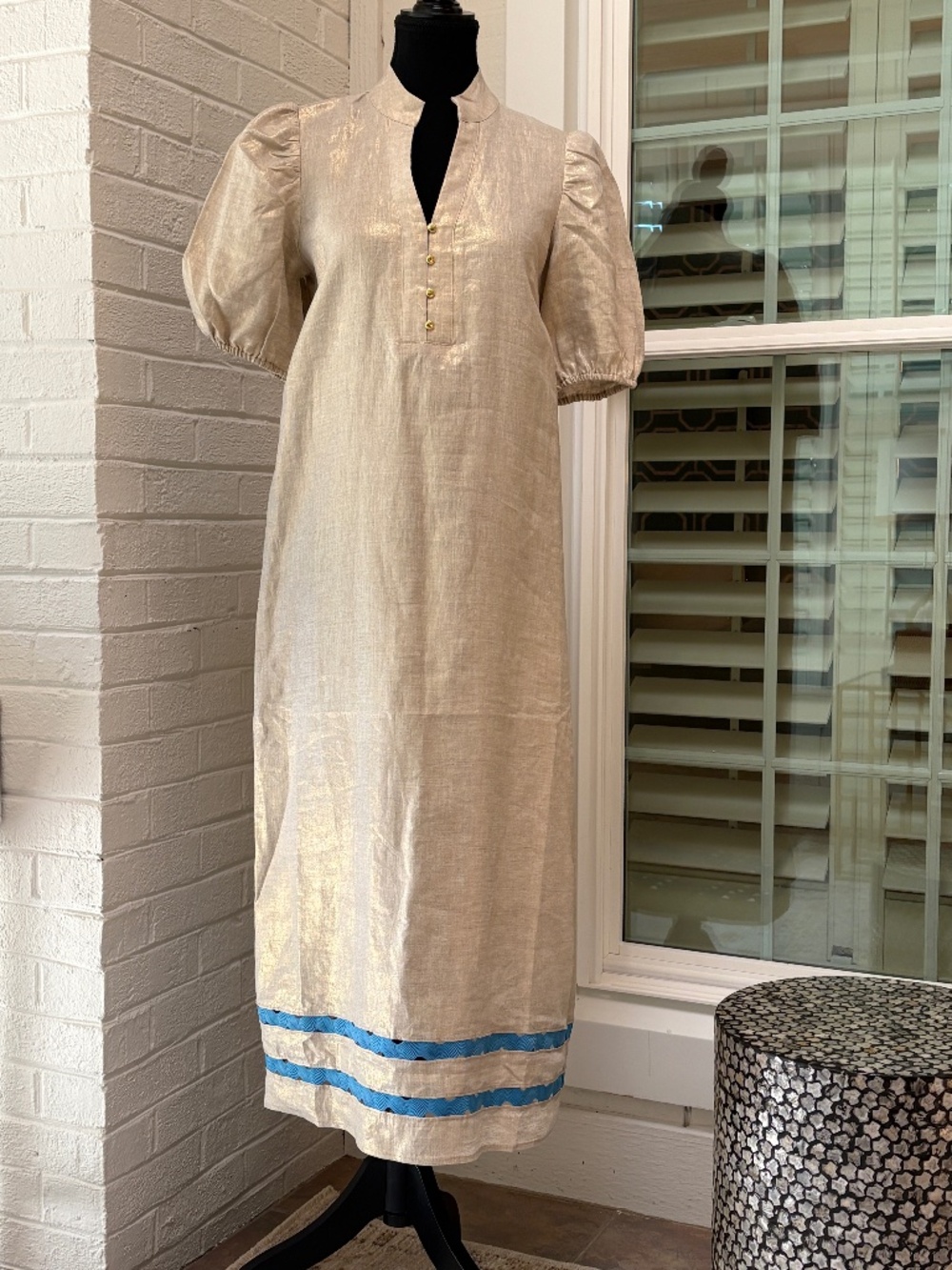 Sail to Sable Linen Maxi Dress Small and Metallic Gold with Ric/Rac Detail NWT